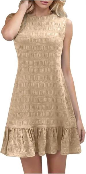 Women's Ruffle Hem Tank Dress Round Neck Sleeveless Casual Smocked Sundress 2025 Summer Trendy Mini Dresses
