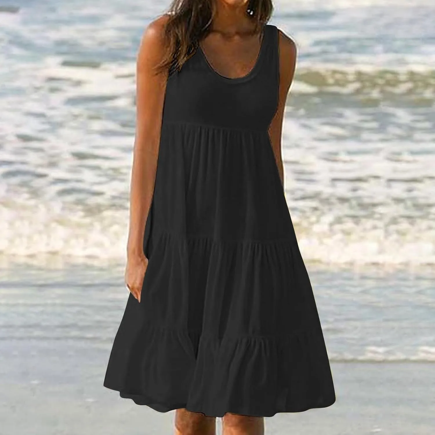 Womens Ruffle Tiered Swing Dresses Sleeveless Boho Tank Sundress Summer Casual A Line Mini Dress for Beach Vacation