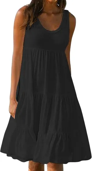 Womens Ruffle Tiered Swing Dresses Sleeveless Boho Tank Sundress Summer Casual A Line Mini Dress for Beach Vacation