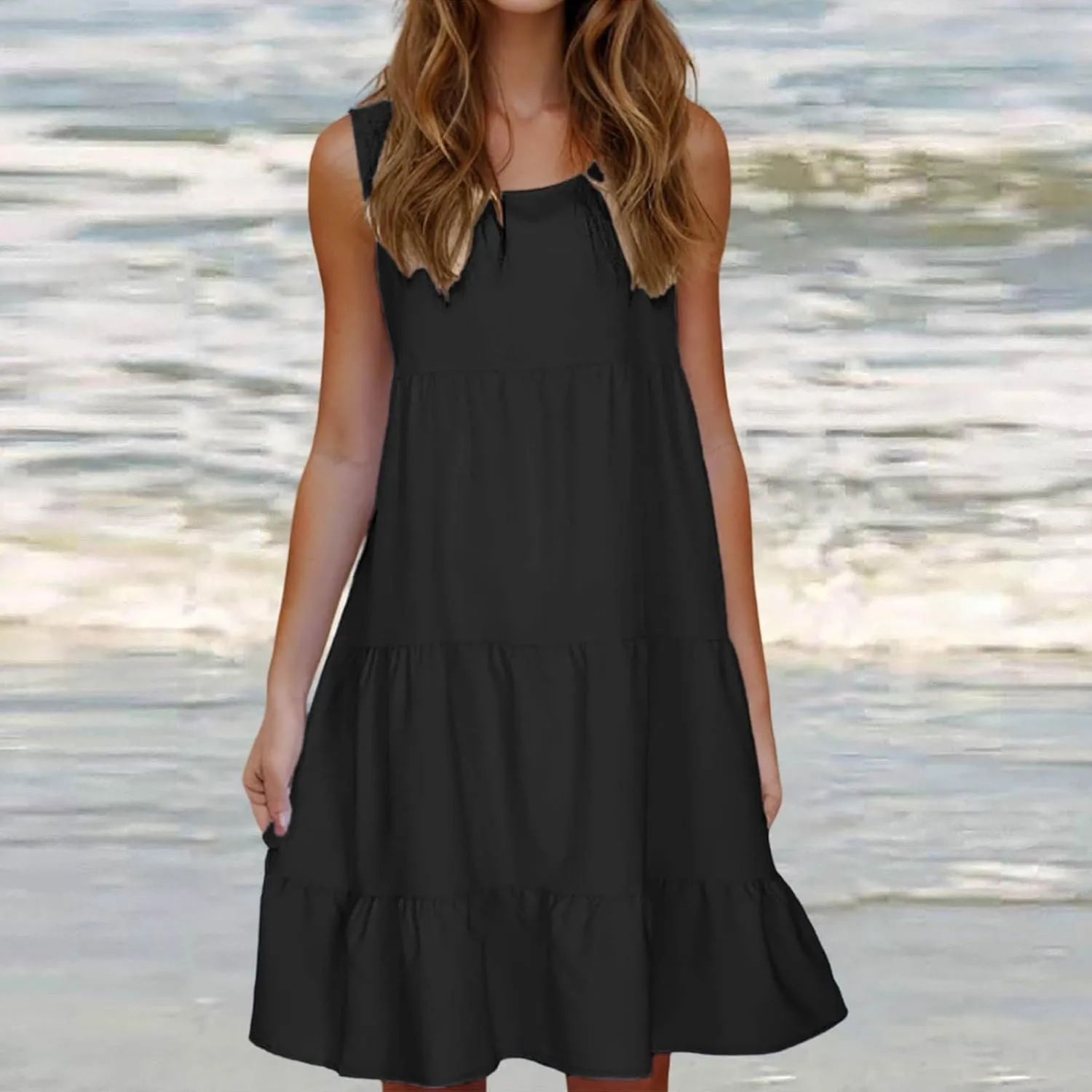 Womens Ruffle Tiered Swing Dresses Sleeveless Boho Tank Sundress Summer Casual A Line Mini Dress for Beach Vacation