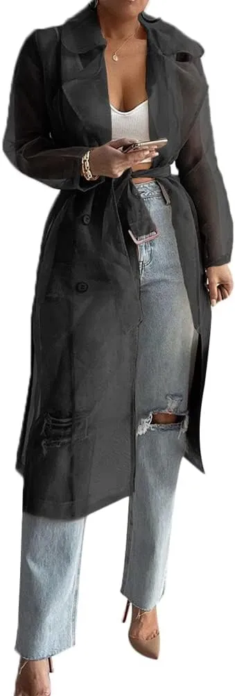 Women's Sheer Mesh Lightweight Trench Coat Long Sleeve Button Down Cardigan Shirt with Belt