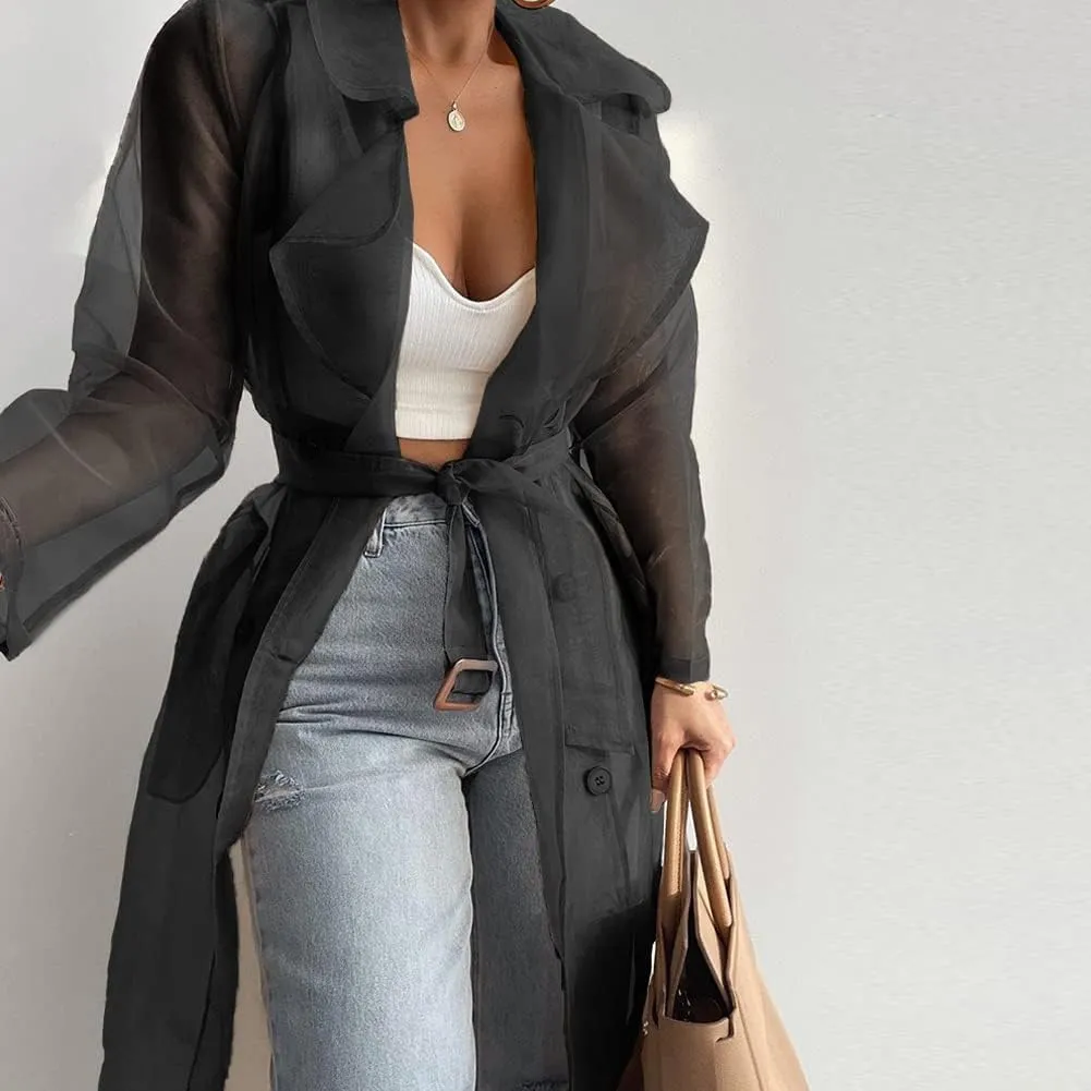 Women's Sheer Mesh Lightweight Trench Coat Long Sleeve Button Down Cardigan Shirt with Belt