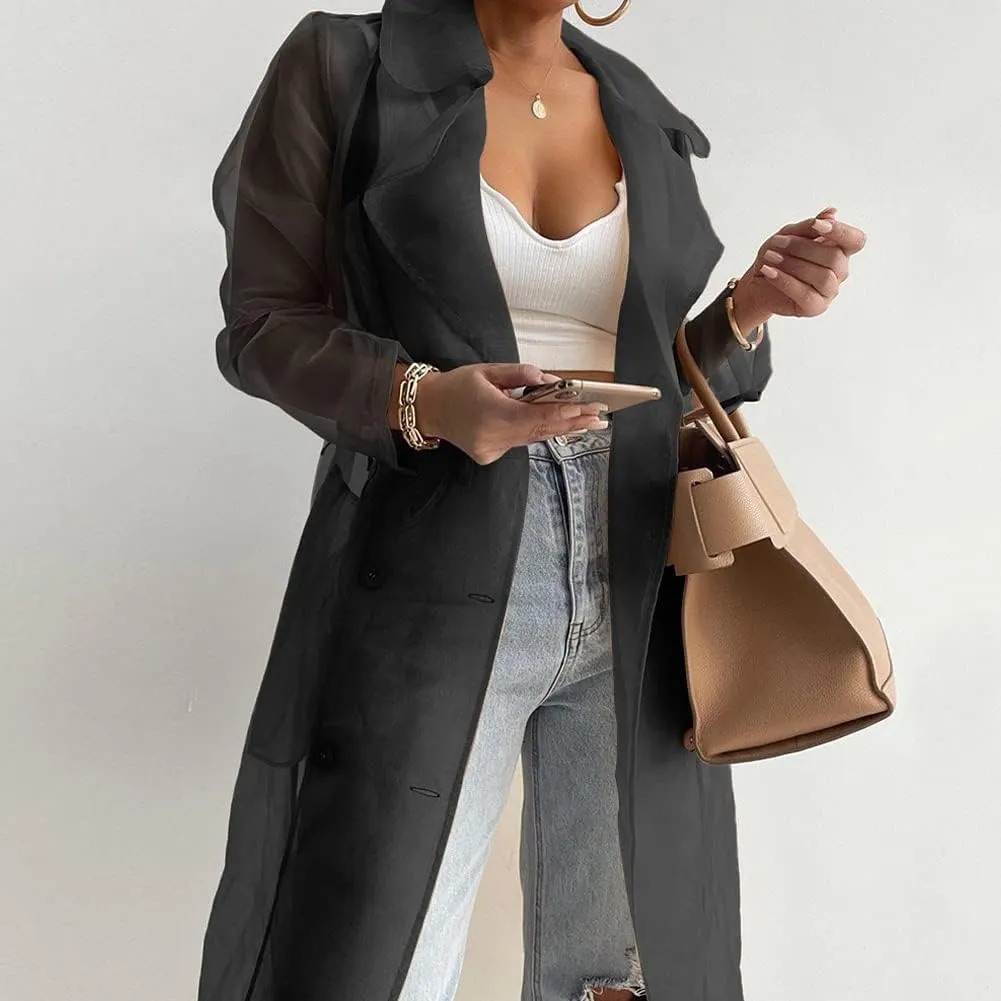 Women's Sheer Mesh Lightweight Trench Coat Long Sleeve Button Down Cardigan Shirt with Belt