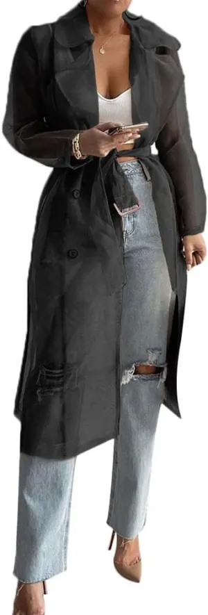 Women's Sheer Mesh Lightweight Trench Coat Long Sleeve Button Down Cardigan Shirt with Belt