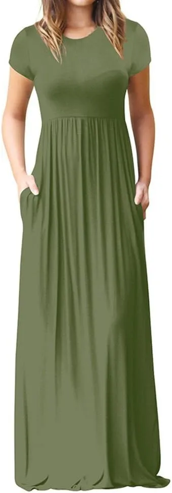 Womens Short Sleeve Plain Maxi Dresses 2024 Casual Empire Waist Long Dresses Loose Summer Soft Skirts with Pockets