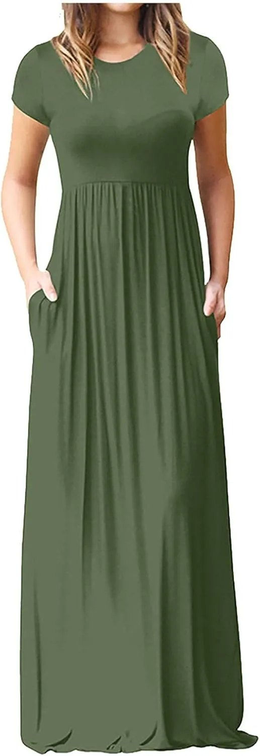Womens Short Sleeve Plain Maxi Dresses 2024 Casual Empire Waist Long Dresses Loose Summer Soft Skirts with Pockets