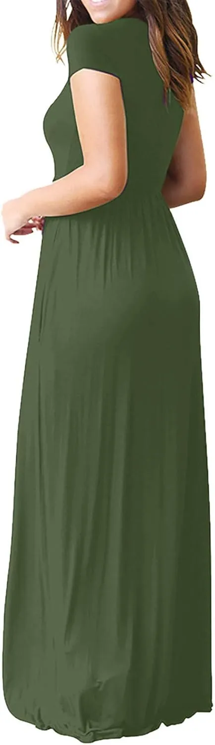 Womens Short Sleeve Plain Maxi Dresses 2024 Casual Empire Waist Long Dresses Loose Summer Soft Skirts with Pockets
