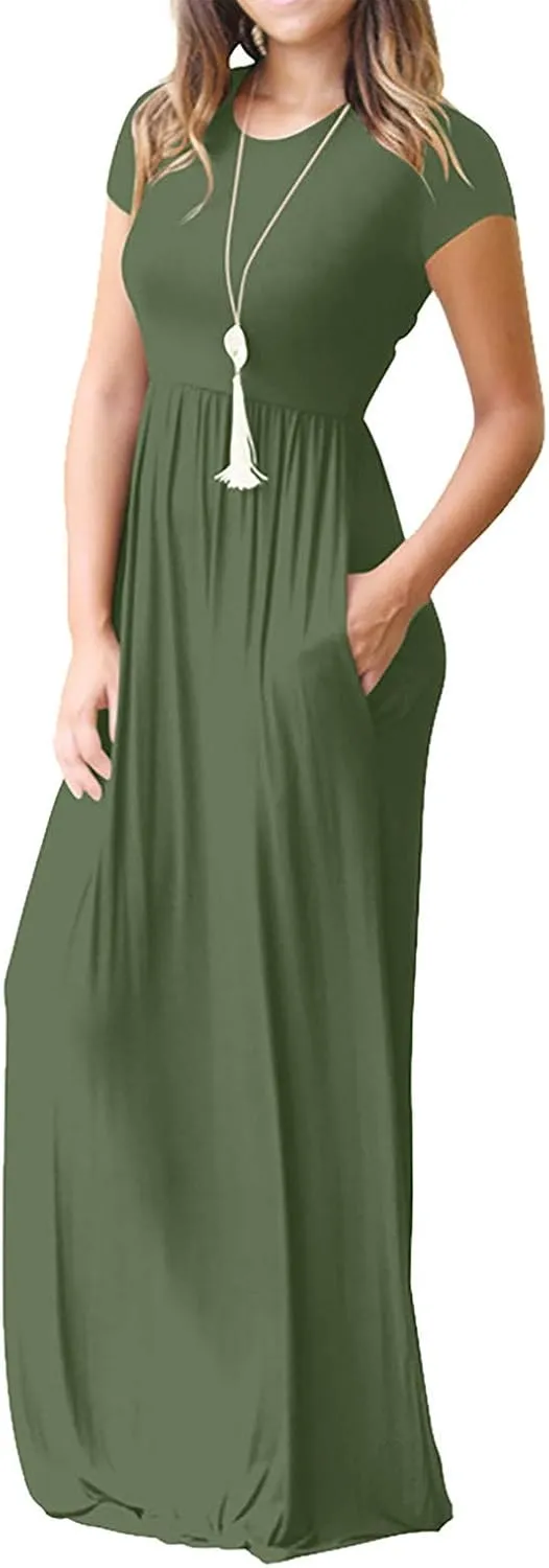 Womens Short Sleeve Plain Maxi Dresses 2024 Casual Empire Waist Long Dresses Loose Summer Soft Skirts with Pockets