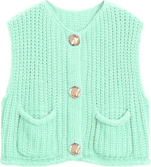 Women's Sleeveless Chunky Knit Top Casual Cropped Button Down Sweater Vest Open Front Cardigan with Pockets