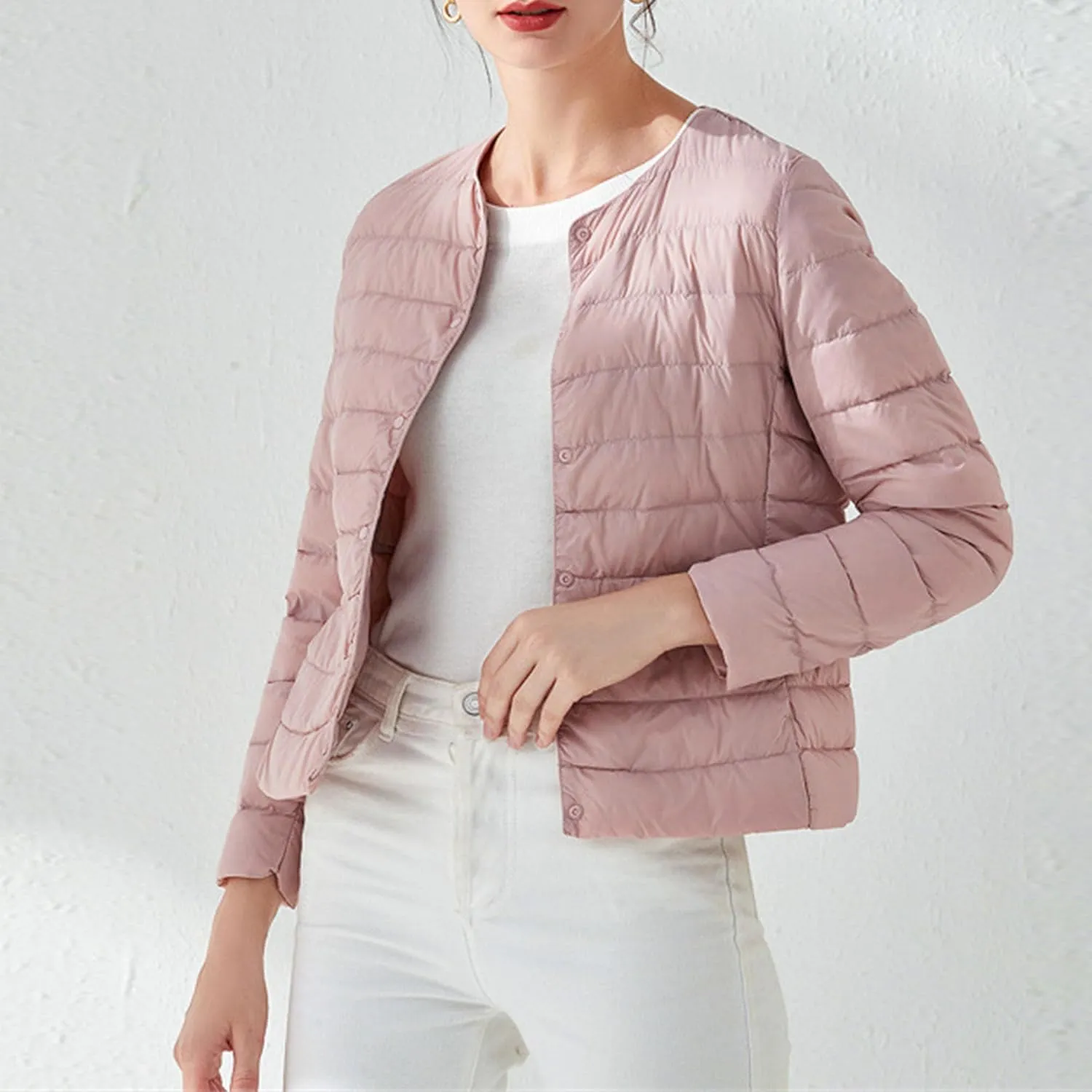Women's Snap Buttons Duck Down Jacket Packable Crewneck Cropped Puffer Jacket Winter Lightweight Quilted Jacket