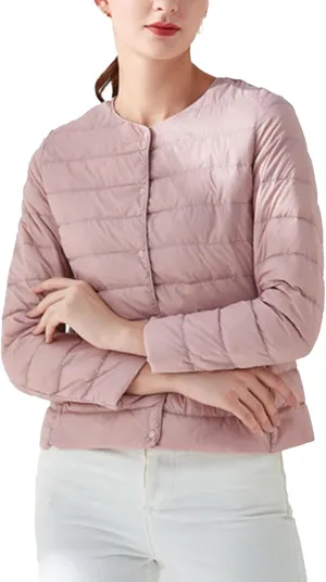 Women's Snap Buttons Duck Down Jacket Packable Crewneck Cropped Puffer Jacket Winter Lightweight Quilted Jacket