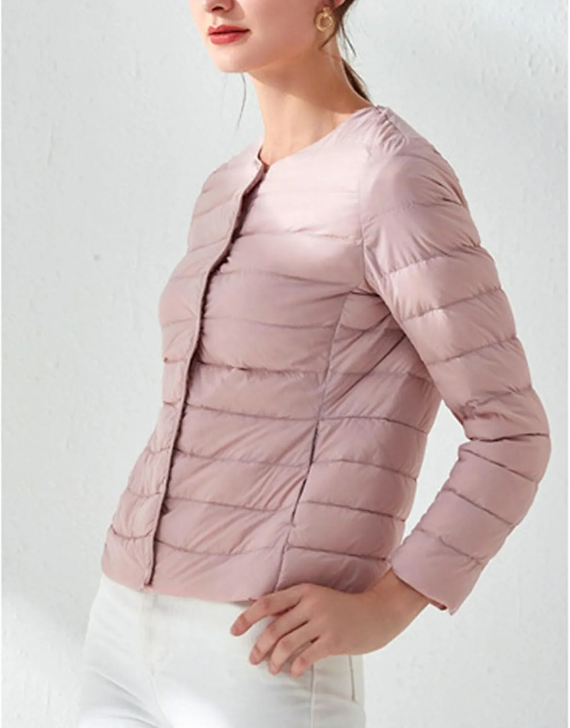 Women's Snap Buttons Duck Down Jacket Packable Crewneck Cropped Puffer Jacket Winter Lightweight Quilted Jacket