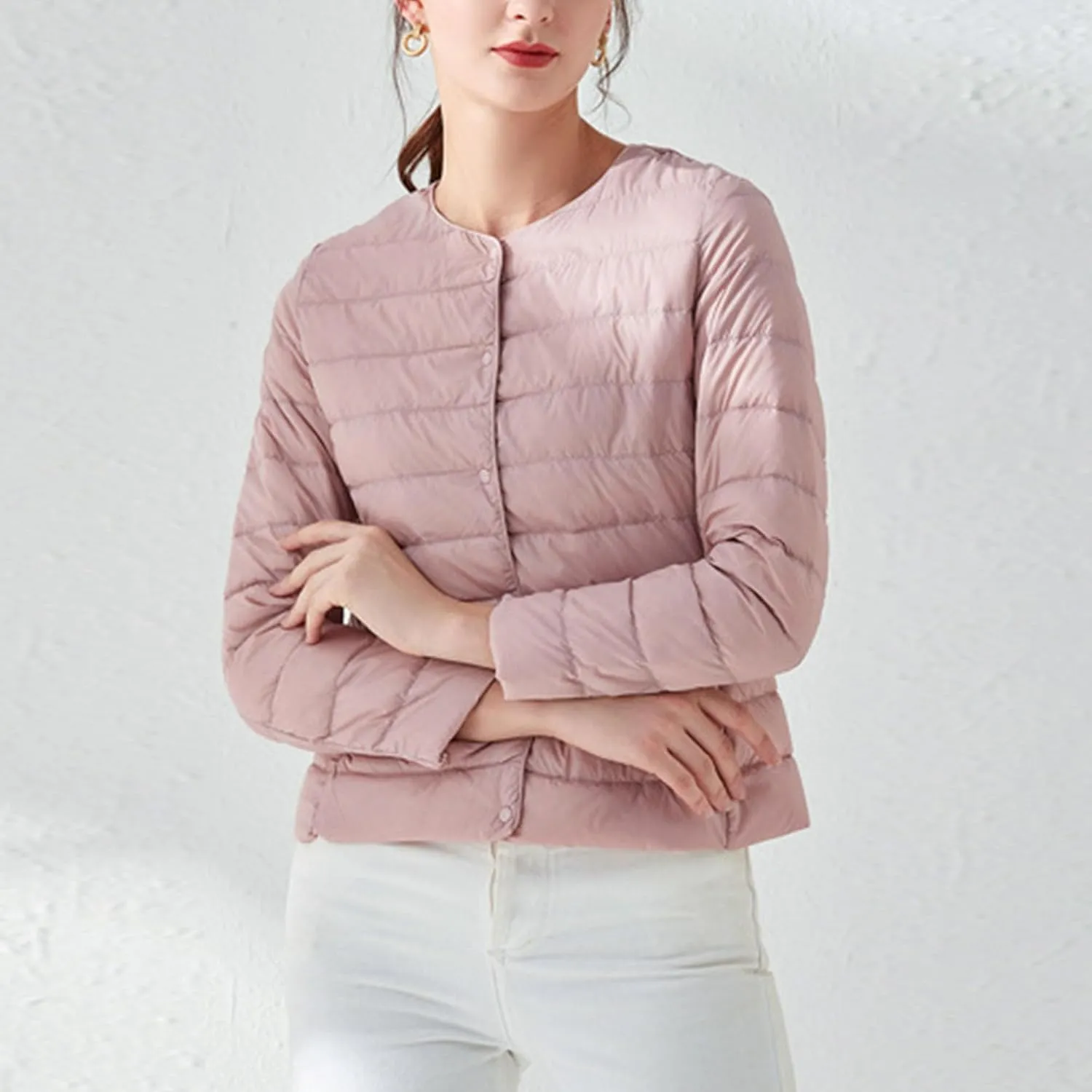 Women's Snap Buttons Duck Down Jacket Packable Crewneck Cropped Puffer Jacket Winter Lightweight Quilted Jacket