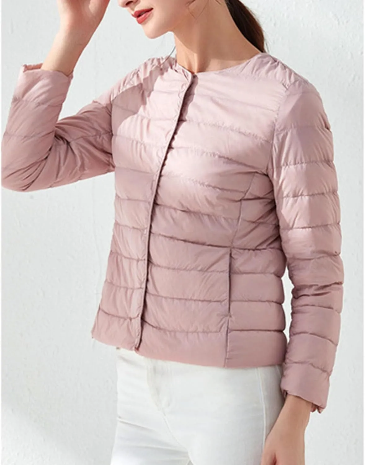 Women's Snap Buttons Duck Down Jacket Packable Crewneck Cropped Puffer Jacket Winter Lightweight Quilted Jacket