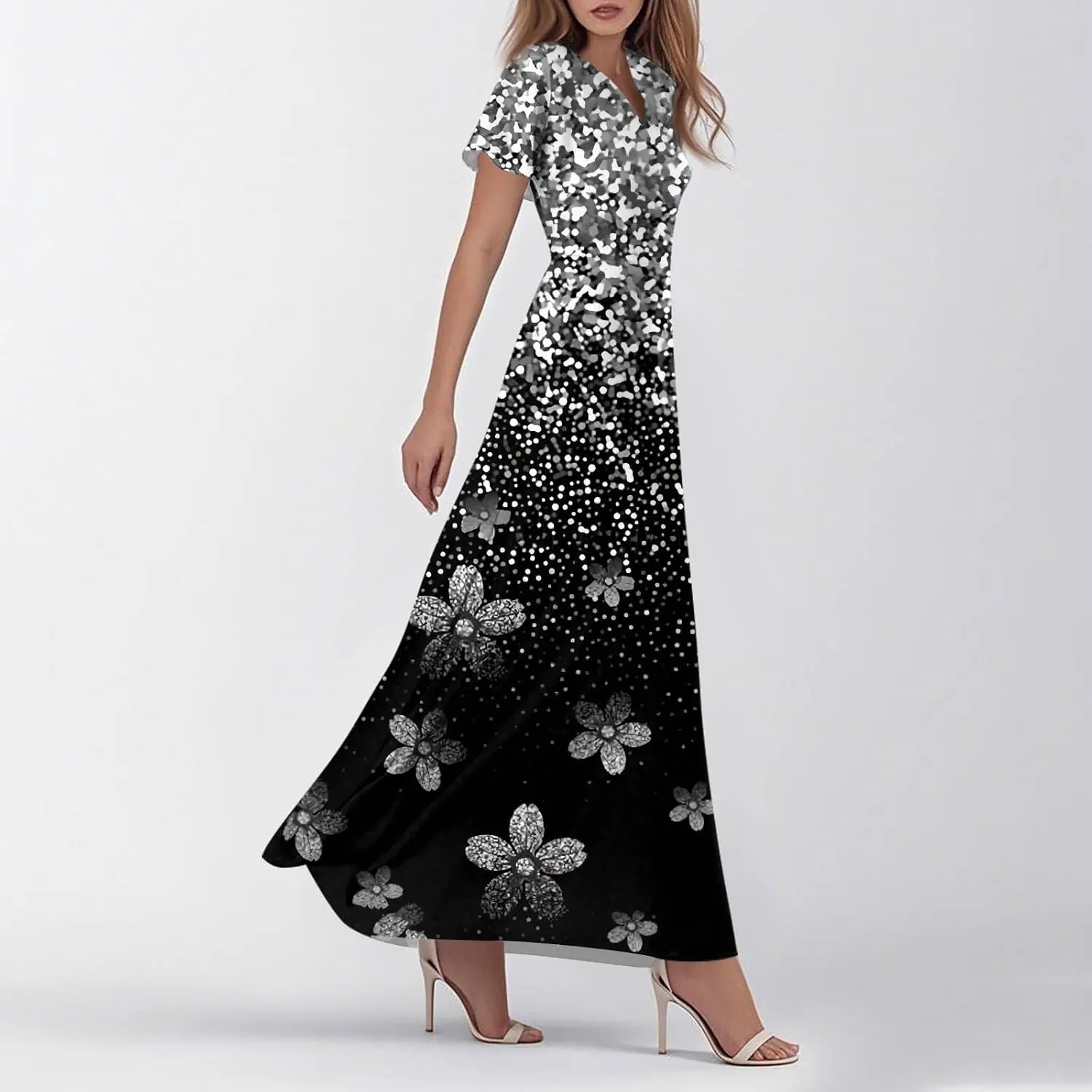 Womens Spring Chiffon Dresses 2025 Summer Flowy Short Sleeve High Waisted Dress A Line Wedding Guest V Neck Dresses
