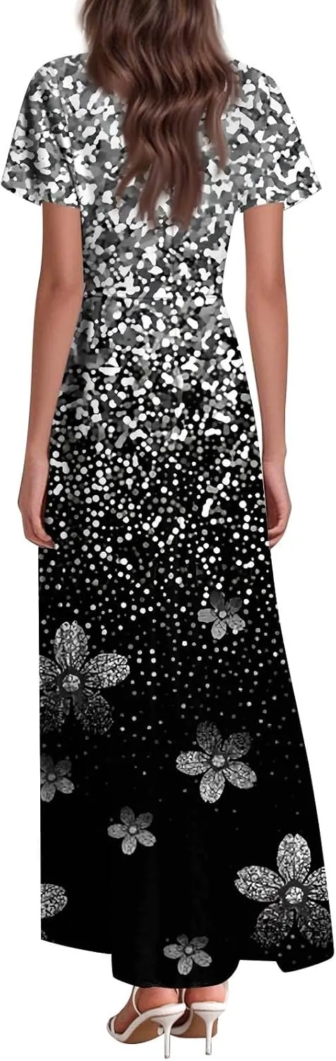 Womens Spring Chiffon Dresses 2025 Summer Flowy Short Sleeve High Waisted Dress A Line Wedding Guest V Neck Dresses