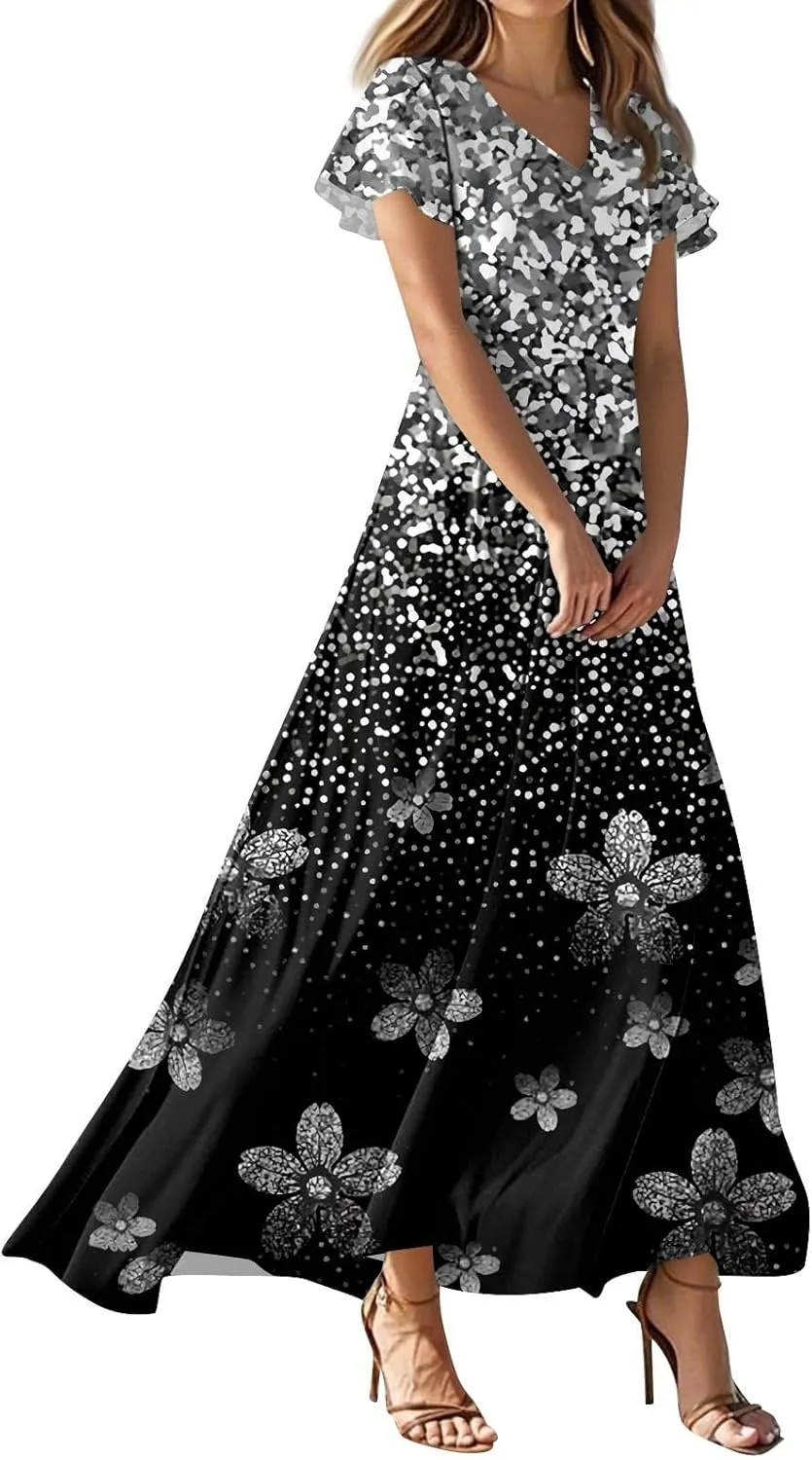 Womens Spring Chiffon Dresses 2025 Summer Flowy Short Sleeve High Waisted Dress A Line Wedding Guest V Neck Dresses