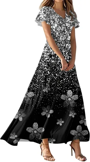 Womens Spring Chiffon Dresses 2025 Summer Flowy Short Sleeve High Waisted Dress A Line Wedding Guest V Neck Dresses