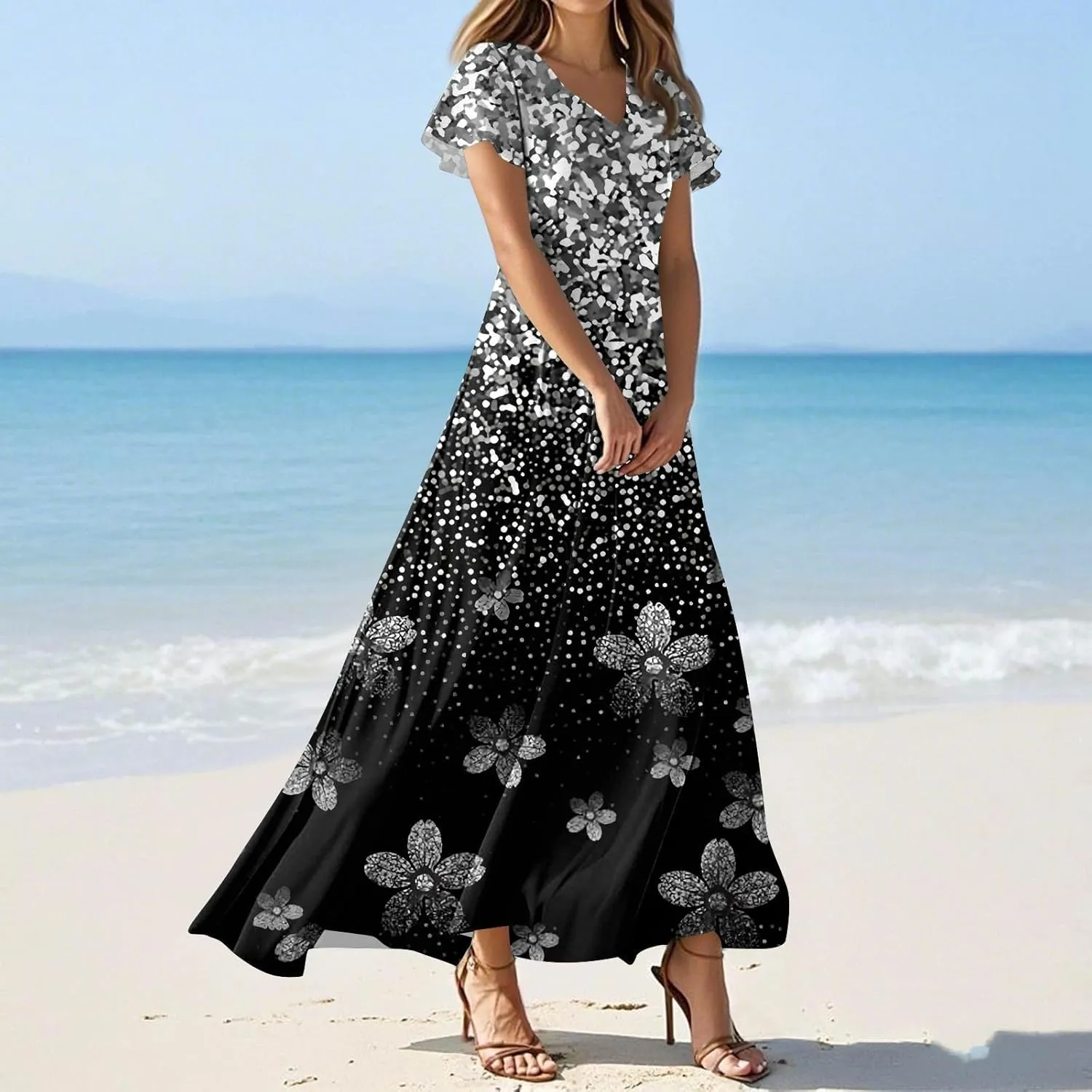 Womens Spring Chiffon Dresses 2025 Summer Flowy Short Sleeve High Waisted Dress A Line Wedding Guest V Neck Dresses