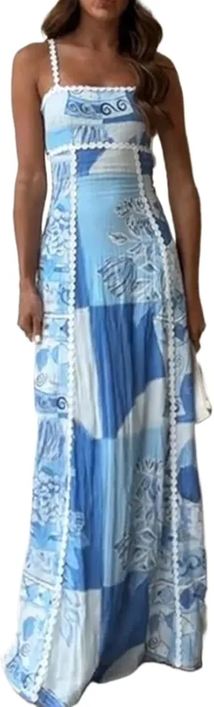 Women's Strapless Dress Summer Lace Backless Large Hem Printed Long Skirt Party Club Maxi Bodycon
