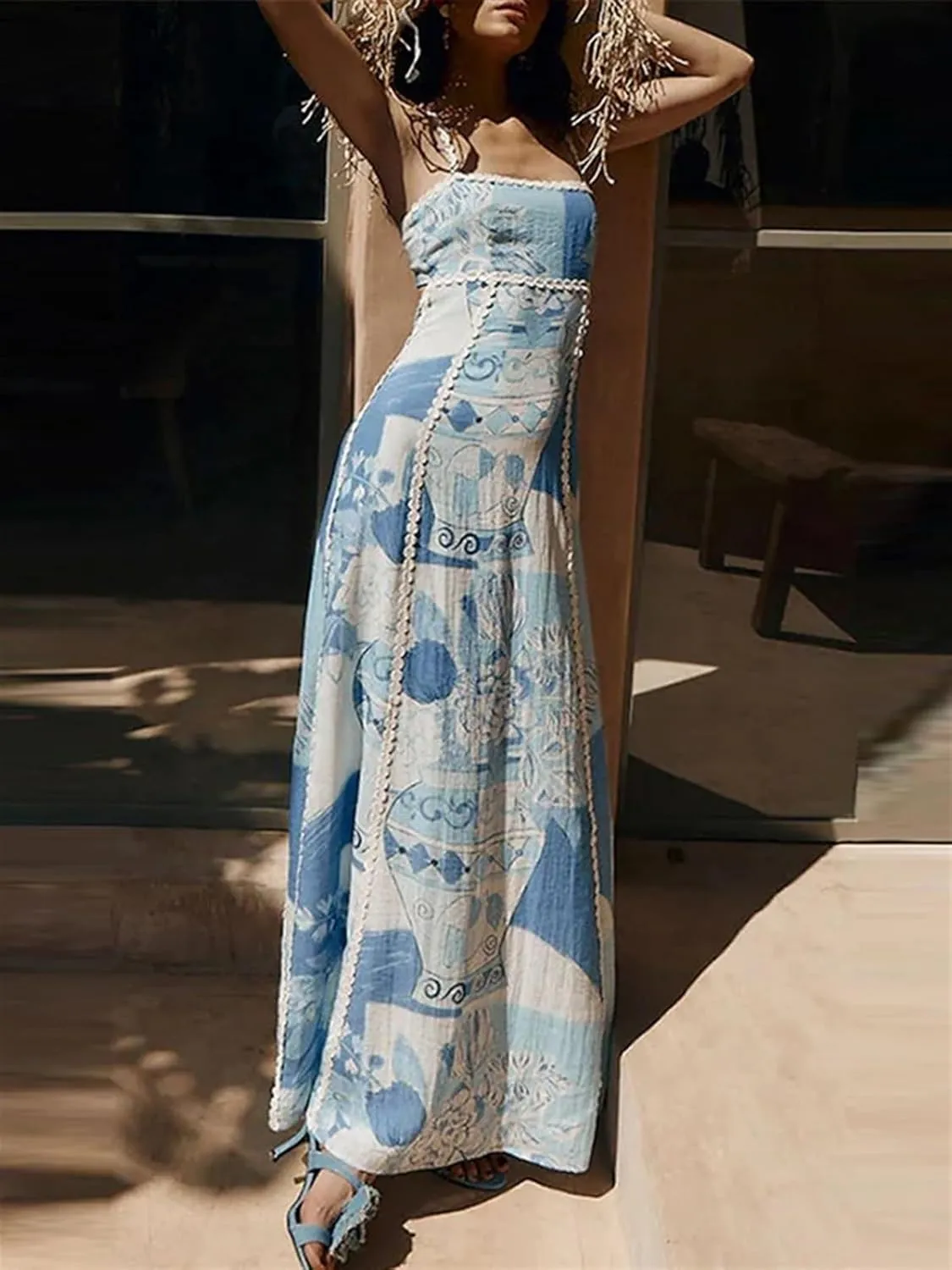 Women's Strapless Dress Summer Lace Backless Large Hem Printed Long Skirt Party Club Maxi Bodycon