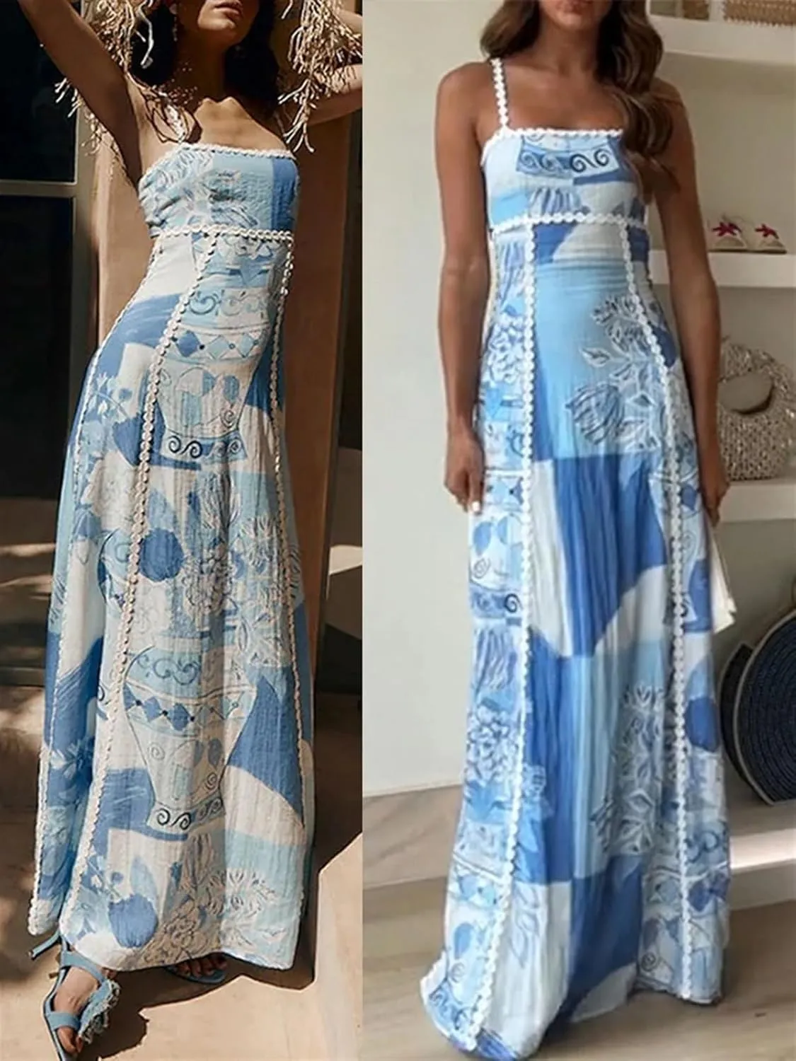 Women's Strapless Dress Summer Lace Backless Large Hem Printed Long Skirt Party Club Maxi Bodycon