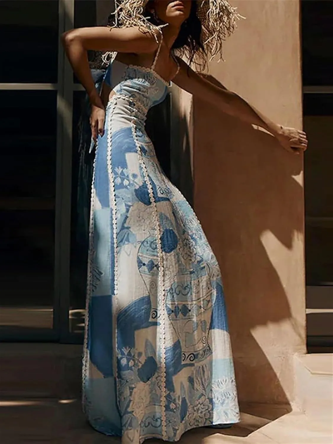 Women's Strapless Dress Summer Lace Backless Large Hem Printed Long Skirt Party Club Maxi Bodycon
