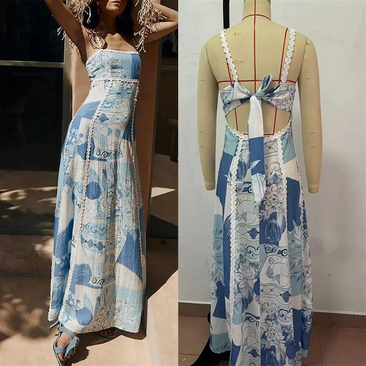 Women's Strapless Dress Summer Lace Backless Large Hem Printed Long Skirt Party Club Maxi Bodycon