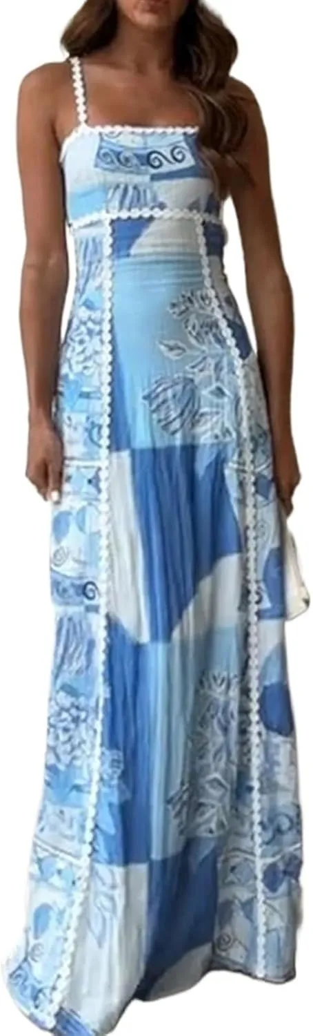 Women's Strapless Dress Summer Lace Backless Large Hem Printed Long Skirt Party Club Maxi Bodycon