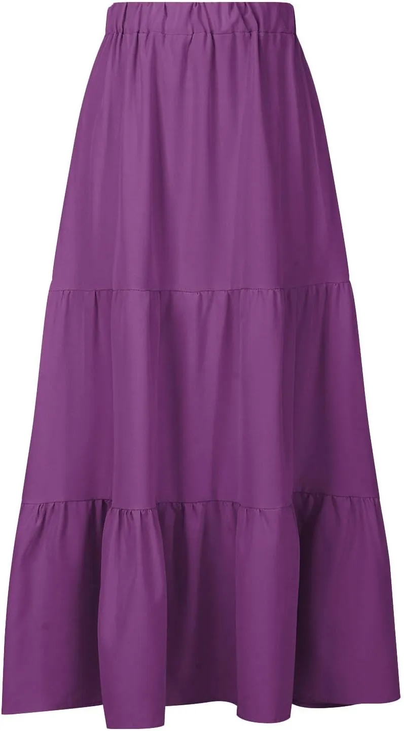 Womens Summer Boho Maxi Skirts Elastic Waist Pleated A Line Long Skirt Flowy Tiered Swing Beach Skirt with Pockets