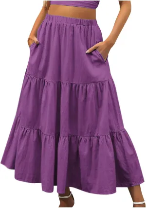 Womens Summer Boho Maxi Skirts Elastic Waist Pleated A Line Long Skirt Flowy Tiered Swing Beach Skirt with Pockets