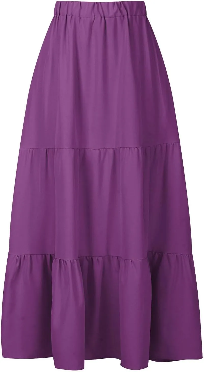 Womens Summer Boho Maxi Skirts Elastic Waist Pleated A Line Long Skirt Flowy Tiered Swing Beach Skirt with Pockets