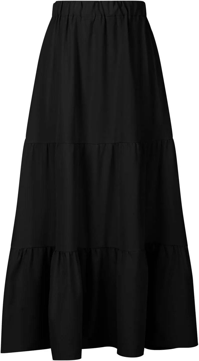 Womens Summer Boho Maxi Skirts Elastic Waist Pleated A Line Long Skirt Flowy Tiered Swing Beach Skirt with Pockets