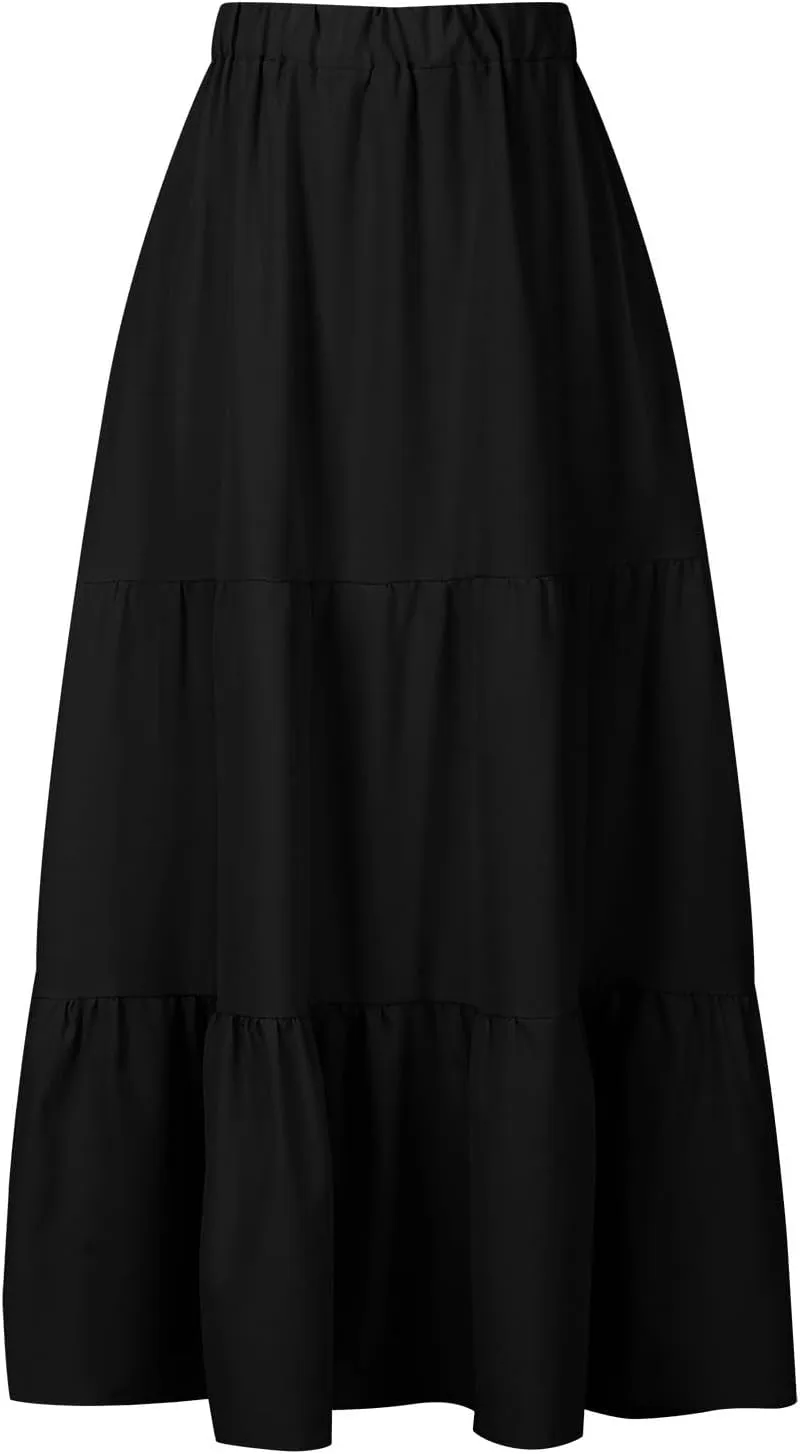 Womens Summer Boho Maxi Skirts Elastic Waist Pleated A Line Long Skirt Flowy Tiered Swing Beach Skirt with Pockets