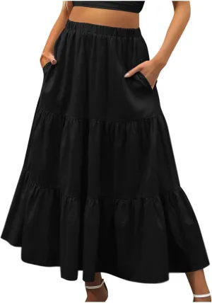Womens Summer Boho Maxi Skirts Elastic Waist Pleated A Line Long Skirt Flowy Tiered Swing Beach Skirt with Pockets