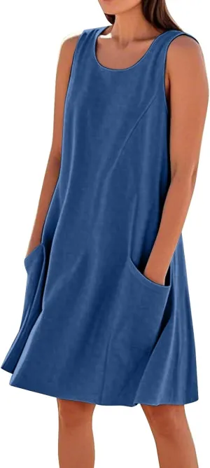 Women's Summer Casual Dress Sleeveless Cotton Linen Blend Floral Sundress Loose Beach Vacation Dress with Pockets