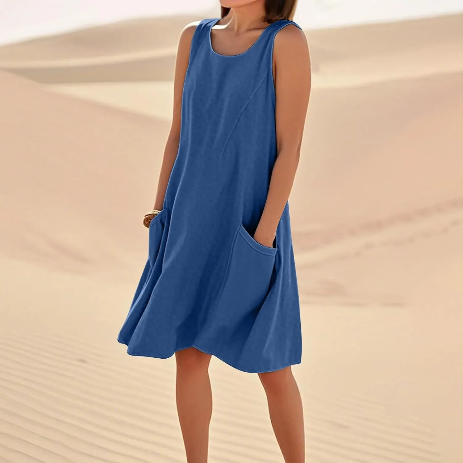 Women's Summer Casual Dress Sleeveless Cotton Linen Blend Floral Sundress Loose Beach Vacation Dress with Pockets
