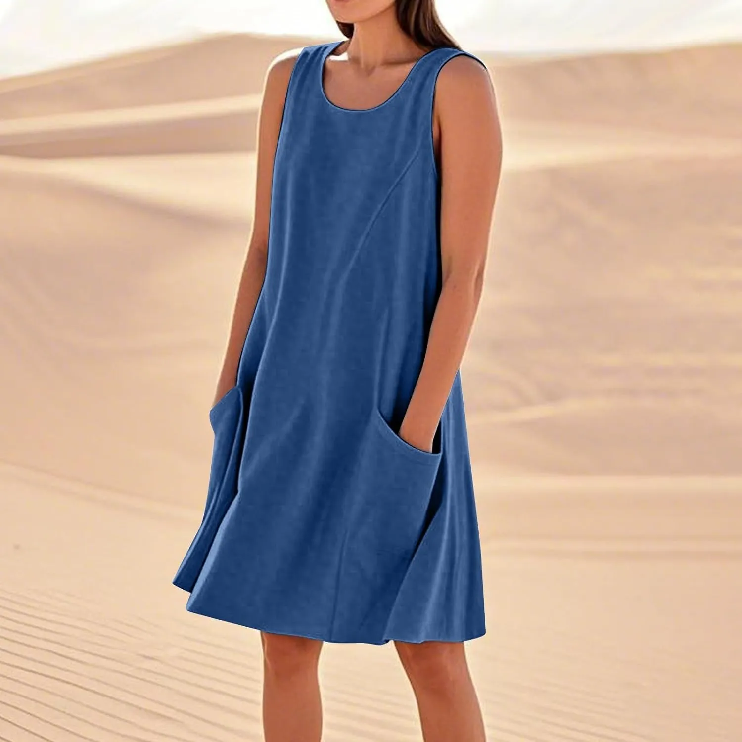 Women's Summer Casual Dress Sleeveless Cotton Linen Blend Floral Sundress Loose Beach Vacation Dress with Pockets