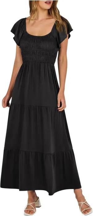 Womens Summer Casual Dresses Short Sleeve Square Collar Swing Dress Flowy Ruffle Tiered Dress A-line Bohe Sundresses
