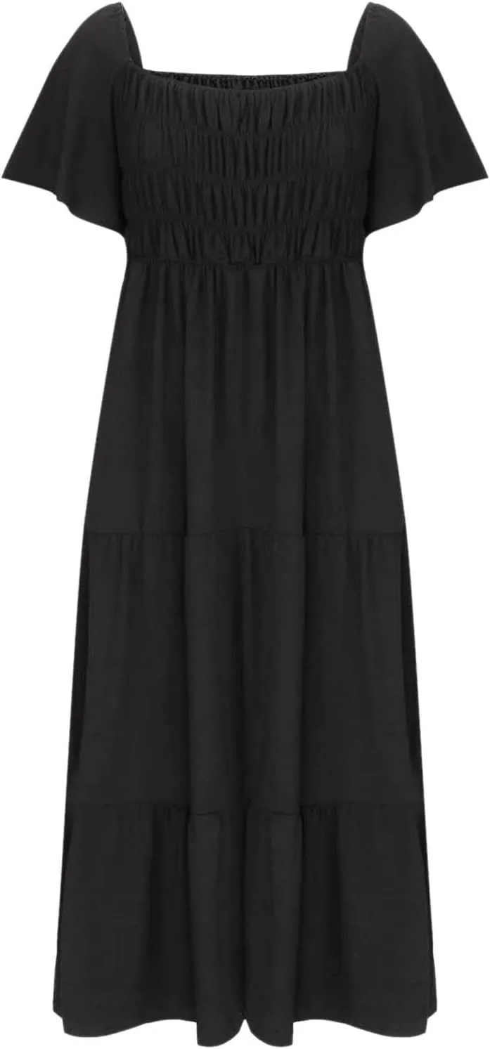 Womens Summer Casual Dresses Short Sleeve Square Collar Swing Dress Flowy Ruffle Tiered Dress A-line Bohe Sundresses