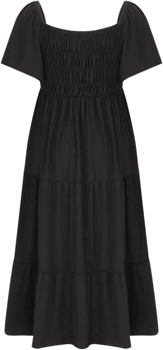 Womens Summer Casual Dresses Short Sleeve Square Collar Swing Dress Flowy Ruffle Tiered Dress A-line Bohe Sundresses