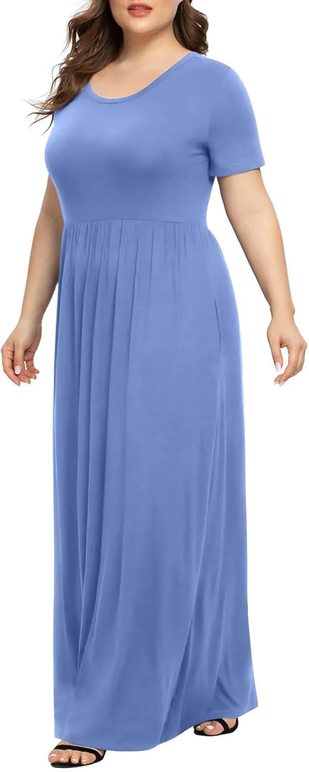 Women's Summer Casual Long Maxi Dress Short Sleeve Crew Neck Loose Dresses Fashion High Waist Beach Vacation Sundress