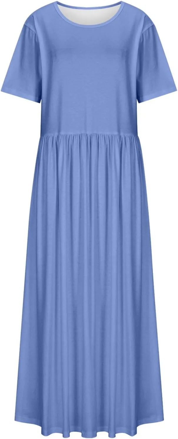 Women's Summer Casual Long Maxi Dress Short Sleeve Crew Neck Loose Dresses Fashion High Waist Beach Vacation Sundress