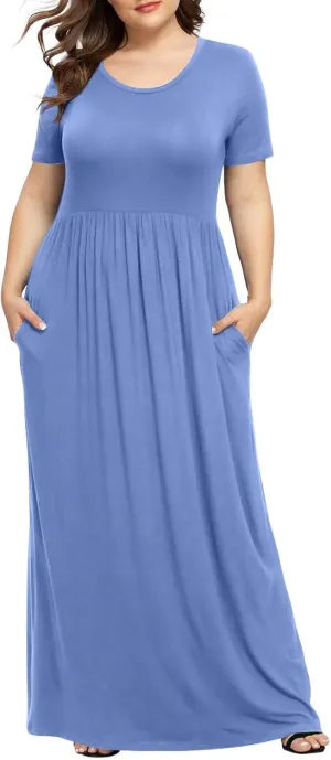 Women's Summer Casual Long Maxi Dress Short Sleeve Crew Neck Loose Dresses Fashion High Waist Beach Vacation Sundress
