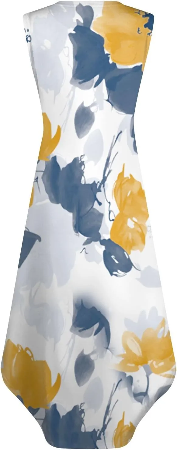 Women's Summer Casual Loose Dresses 2024 Floral Print Sleeveless Beach Sundress V Neck Split Tshirt Maxi Dresses