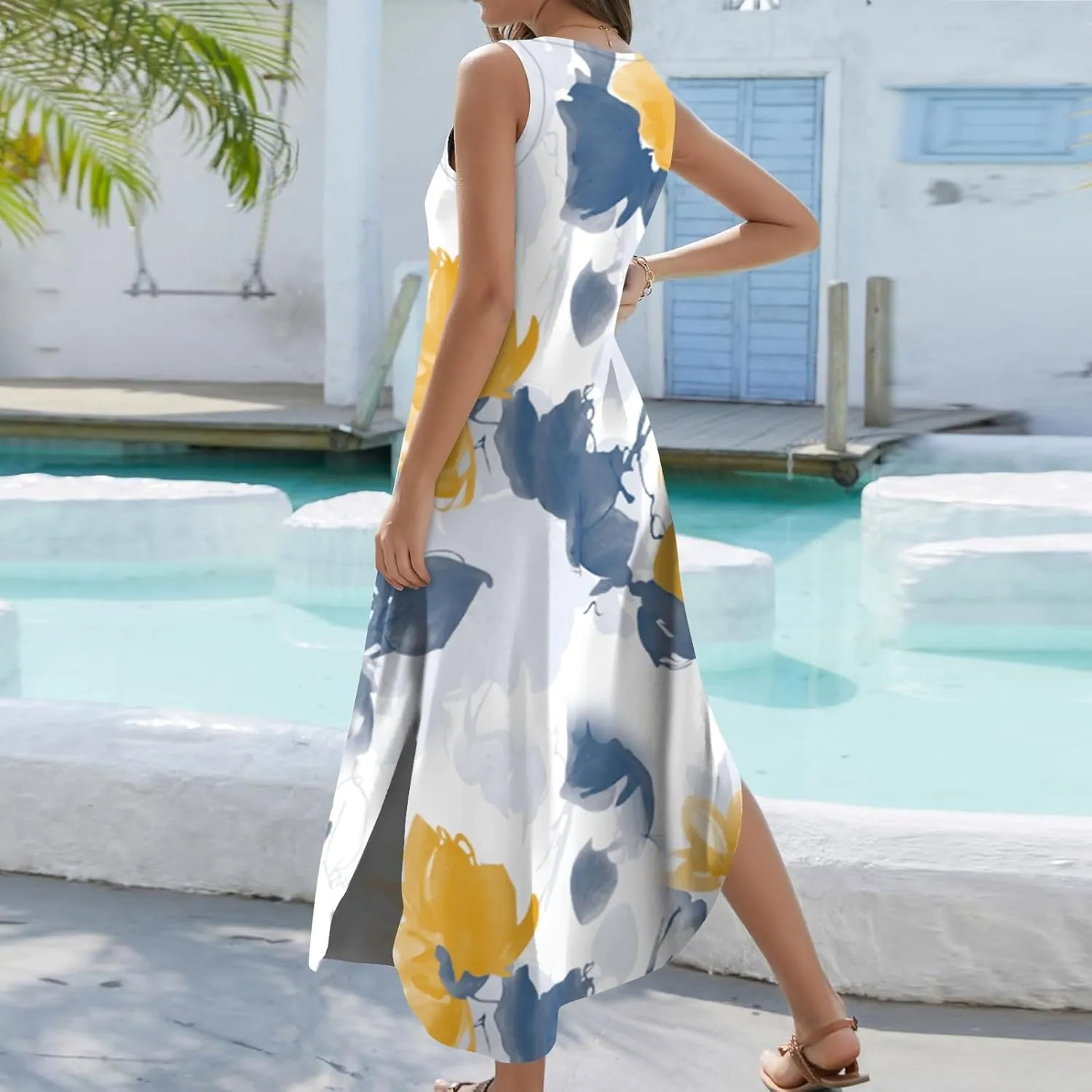 Women's Summer Casual Loose Dresses 2024 Floral Print Sleeveless Beach Sundress V Neck Split Tshirt Maxi Dresses