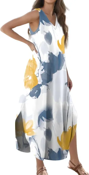 Women's Summer Casual Loose Dresses 2024 Floral Print Sleeveless Beach Sundress V Neck Split Tshirt Maxi Dresses
