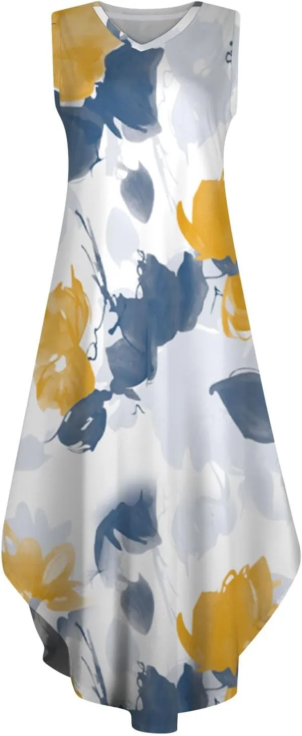 Women's Summer Casual Loose Dresses 2024 Floral Print Sleeveless Beach Sundress V Neck Split Tshirt Maxi Dresses