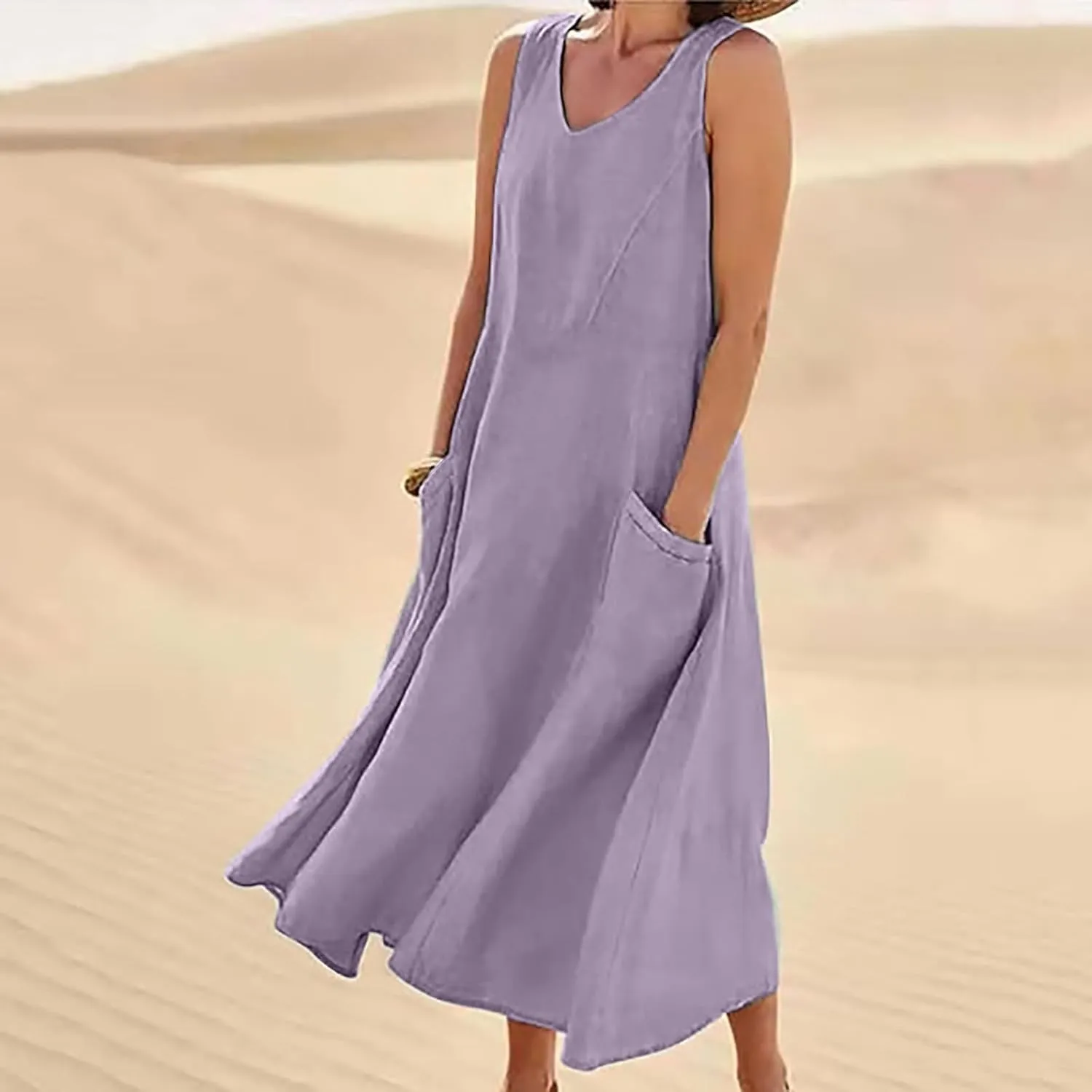 Women's Summer Cotton Linen Dresses 2025 Trendy Elegant Sleeveless Casual Baggy Flowy Beach Maxi Sun Dresses Pocket