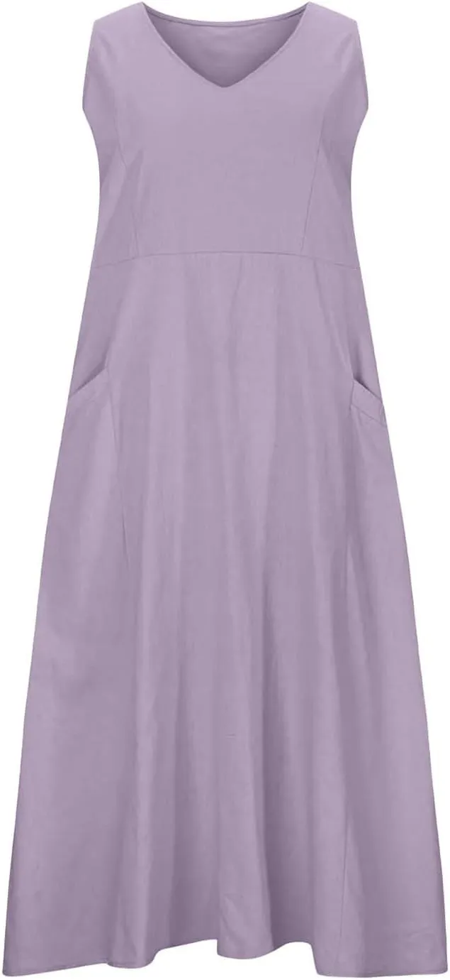 Women's Summer Cotton Linen Dresses 2025 Trendy Elegant Sleeveless Casual Baggy Flowy Beach Maxi Sun Dresses Pocket
